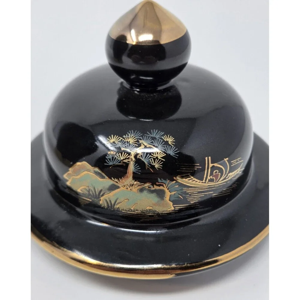 Vintage‎ Japanese Black Gold Ginger Jar Lidded Urn Scenic Landscape Decor